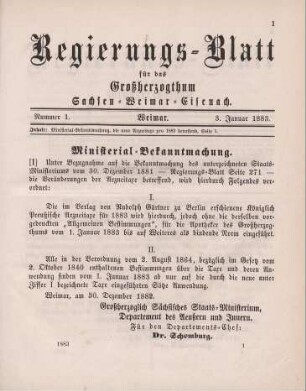 1. Ministerial-Bekanntmachung, die neue Arzneitaxe pro 1883 betreffend