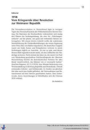 Editorial. 1918. Vom Kriegsende über Revolution zur Weimarer Republik.