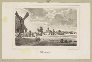 Ortsansicht von Ochsensaal (Dahlen-Ochsensaal) in der Dahlener Heide mit Windmühle und Kirche, aus Sachsens Kirchen-Galerie von Hermann Schmidt, Bd. 3, 1840