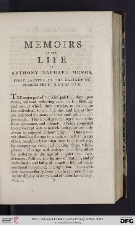 Memoirs of the life of Anthony Raphael Mengs, first painter at the cabinet of Charles the III. king of spain