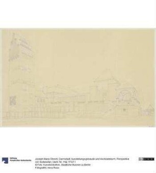 Darmstadt, Ausstellungsgebäude und Hochzeitsturm, Perspektive von Südwesten
