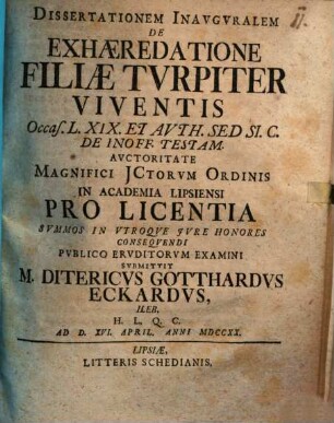 Diss. inaug. de exhaeredatione filiae turpiter viventis