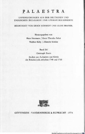 Studien zur Aufnahme und Kritik der Rokokolyrik zwischen 1740 und 1760