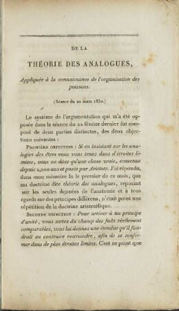 De La Théorie Des Analogues, Appliquée à la connaissance de l`organisation des poissons