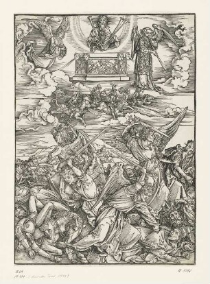 Engelkampf, Blatt 7 aus: Albrecht Dürer, Die heimlich offenbarung iohannis, Nürnberg 1498
