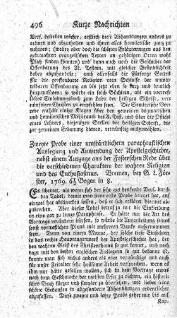 Zweyte Probe einer umständlichern paraphrastischen Auslegung und Anwendung der Apostelgeschichte.