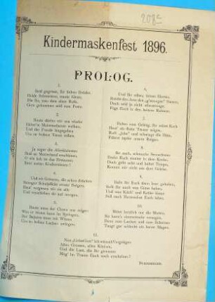 Kindermaskenfest 1896. Prolog. 1. Seid gegrüsst, Ihr lieben Brüder ...
