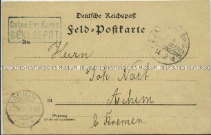 Feldpostkarte eines Soldaten des Ostasiatischen Expeditionskorps (Bekleidungsdepot)