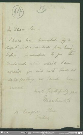 Eigenh. Brief von James Mackintosh an August Wilhelm von Schlegel, London, ohne Datumsangabe