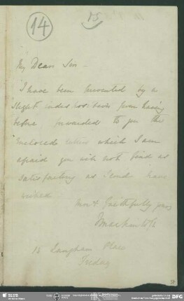 Eigenh. Brief von James Mackintosh an August Wilhelm von Schlegel, London, ohne Datumsangabe