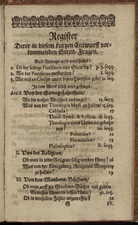 Register derer in diesem kurzen Entwurff vorkommenden Streit-Fragen.