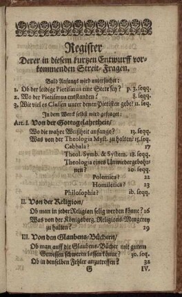 Register derer in diesem kurzen Entwurff vorkommenden Streit-Fragen.