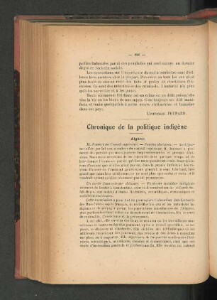 Chronique de la politique indigène.