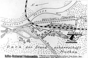 Bad Muskau. Friedensmühle, Lageplan "Kaffee-Restaurant-Friedensmühle", Repro (Bildersammlung Fam. Schneider)