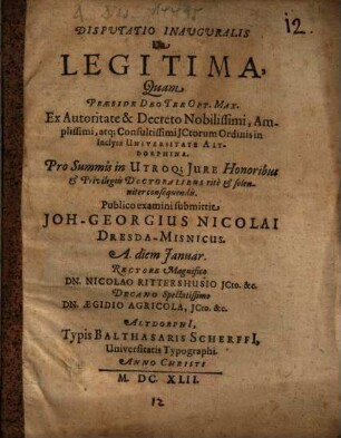 Disputatio Inauguralis De Legitima