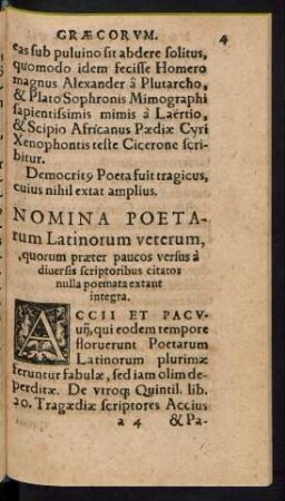 Nomina Poetarum Latinorum veterum, quorum praeter paucos versus a diversis scriptoribus citatos nulla poemata extant integra.
