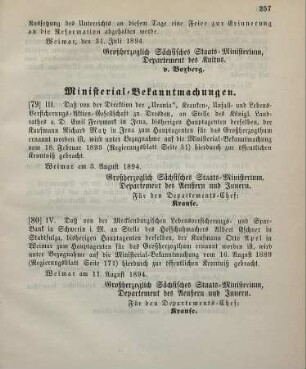 80. Ministerial-Bekanntmachung, betreffend Wechsel in der Hauptagentur der Mecklenburgischen Lebensversicherungs- und Spar-Bank in Schwerin i.M.