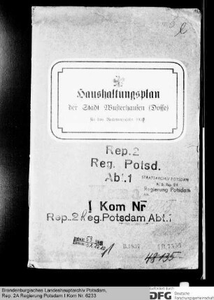 Haushaltsplan der Kämmereikasse Wusterhausen (Dosse) für das Rechnungsjahr 1922