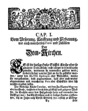 Cap. I. Vom Ursprung, Stifftung und Erbauuung, wie auch mancherley Fatis und Zufällen Der Dom-Kirchen.