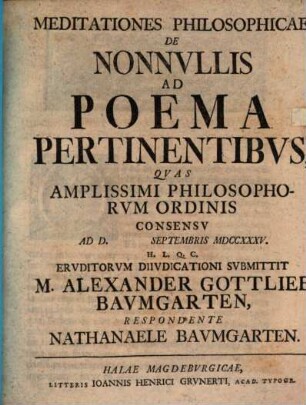 Meditationes Philosophicae De Nonnvllis Ad Poema Pertinentibvs : Qvas Amplissimi Philosophorvm Ordinis Consensv Ad D. Septembris MDCCXXXV.