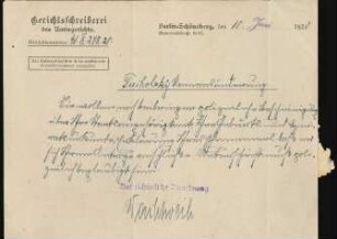 Kurzbrief der Gerichtsschreiberei des Amtsgerichts an Kurt Tucholsky, Berlin 1920