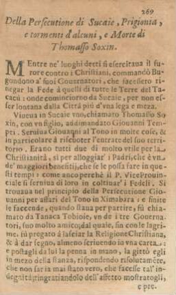 Della Persecutione di Sucaie, Prigionia, e tormenti d' alcuni, e Morte di Thomasso Soxin
