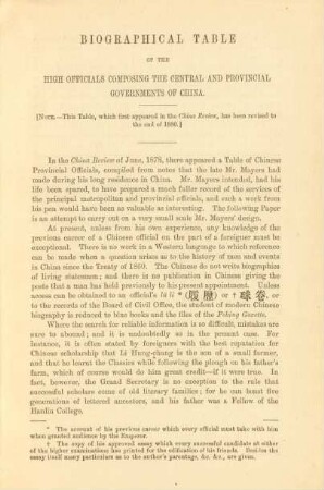Biographical table of the high officials composing the central and provincial government of China