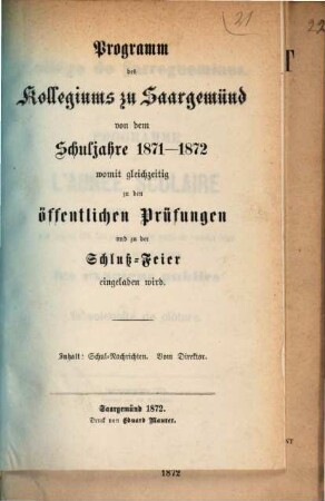 Programm des Kollegiums zu Saargemünd : von dem Schuljahre ..., 1871/72