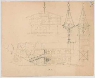 Thiersch, August ; München; Landwirtschaftsausstellung, Oberbayerisches Wohnhaus - Hinterbau (Schnitt); Turm (Grundriss, Teilansicht, Schnitt); Wohnhaus (Ansicht)