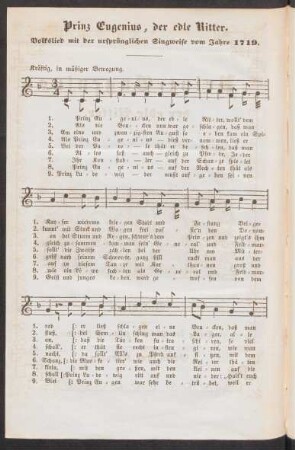 Prinz Eugenius, der edle Ritter. : Volkslied mit der ursprünglichen Singweise vom Jahre 1719.