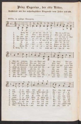 Prinz Eugenius, der edle Ritter. : Volkslied mit der ursprünglichen Singweise vom Jahre 1719.