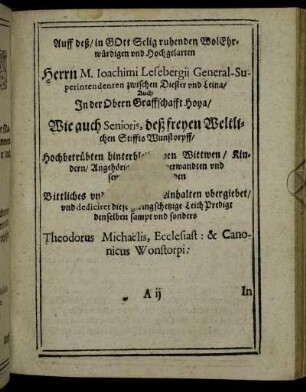 Auff deß/ in Gott Selig ruhenden Wol Ehrwürdigen und Hochgelarten Herrn M. Joachimi Lesebergii [...]