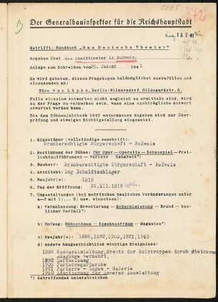 Stadttheater, Budweis: Fragebogen für das Handbuch »Das Deutsche Theater«, vierseitiges Dokument