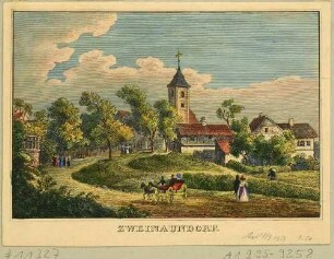 Ortsansicht von Zweinaundorf (Leipzig-Zweinaundorf) südöstlich von Leipzig mit der Kirche und Staffage, Ausschnitt aus Bilderbogen oder Groß’ Geschichte der Stadt Leipzig bei Polet