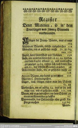 Register Derer Materien, so in dem Tractätgen von Zwerg-Bäumen vorkommen