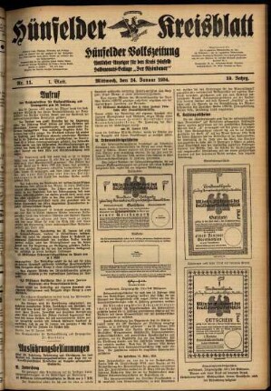 Erste Ausgabe vom Mittwoch, den 24. Januar 1934.
