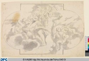 Männlicher Heiliger einer Wolke sitzend, umgeben von Putti