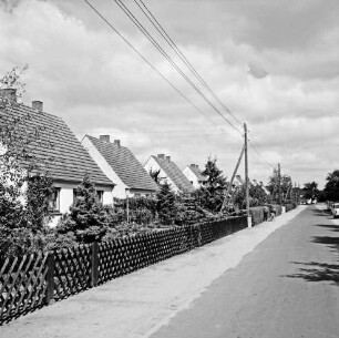 Neubausiedlung: links Reihe von Einfamilienhäusern mit Vorgärten und Jägerzaun: davor Strommasten: rechts Straße mit Pkws