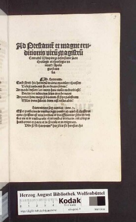 Ad Prestante[m] et magne eruditionis viru[m] Magistru[m] Conradu[m] Wimpine p[ro] defensione sacre theologie et theologice veritat[is]: Apologia secunda