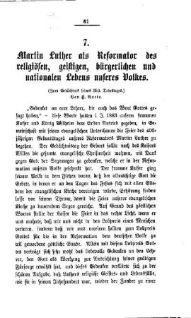 Martin Luther als Reformator des religiösen, geistigen, bürgerlichen und nationalen Lebens unseres Volkes