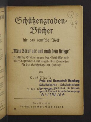 Mein Beruf vor und nach dem Kriege