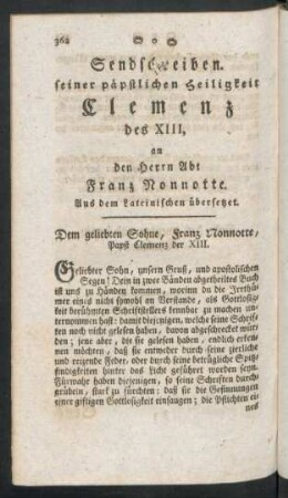 Sendschreiben seiner päpstlichen Heiligkeit Clemenz des XIII, an den Herrn Abt Franz Nonnotte
