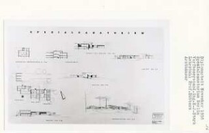 Spezialsanatorium, Berlin-Schwanenwerder (Diplomarbeit bei Kurt Dübbers): Arzthäuser, Grundrisse 1:200 Ansichten von Südosten, Nordosten, Nordwesten, Südwesten und Schnitte