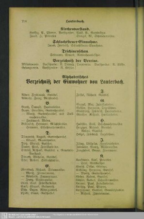 Einwohnerverzeichnis : Alphabetisches Verzeichniß der Einwohner von Lauterbach