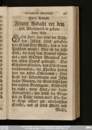 Die 6. Andacht. Fernere Andacht vor dem heil. abendmahl in gebundener Rede.