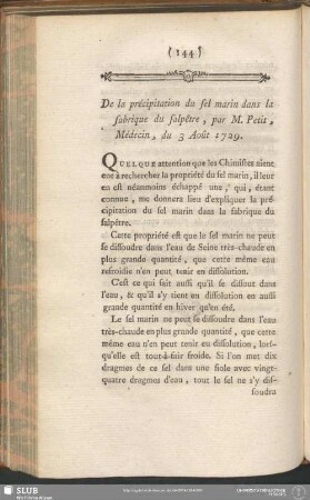De la précipitation du sel marin dans la fabrique du salpêtre, par M. Petit, Médecin, du 3 Août 1729