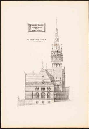Jagdschloss: Ansicht (aus: Mittelalterliche Baukunst. Entwürfe von den Studierenden der Königl. Techn. Hochschule zu Berlin, hrsg.v. Johannes Otzen 1879/80)