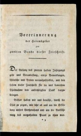 Vorerinnerung der Herausgeber zum zweiten Bande dieser Zeitschrift