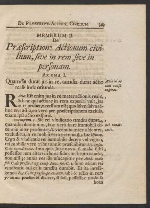 Membrum II. De Praescriptione Actionum civilium, sive in rem, sive in personam. Axioma I. - V.