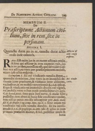 Membrum II. De Praescriptione Actionum civilium, sive in rem, sive in personam. Axioma I. - V.